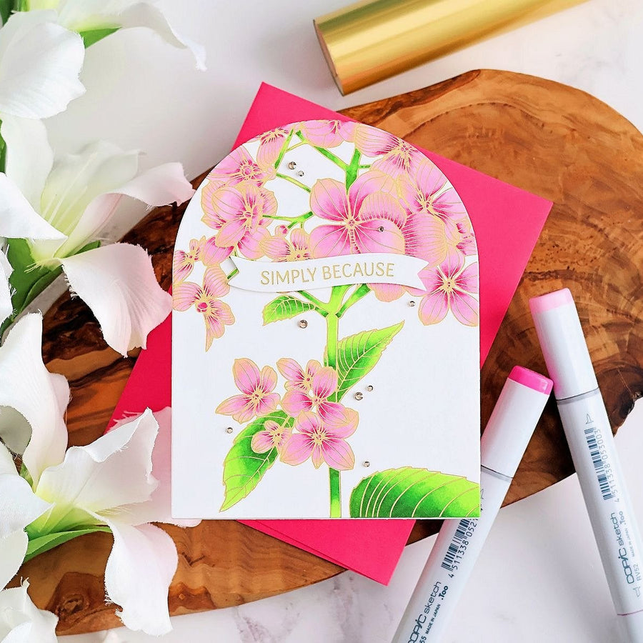 How to Create a Simple Foiled Floral Card with Copic Markers, BP-351, BP-374, S5-526
