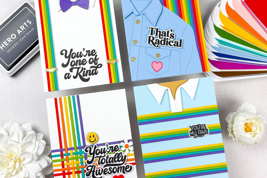 4 rainbow cards using suspenders dies