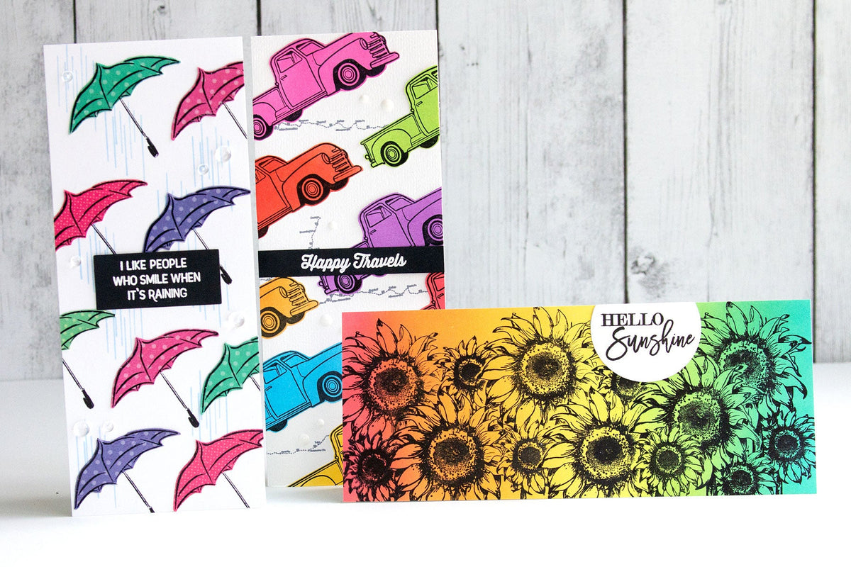 Cardmaker Stamp Collection – A Trio of Colorful Slimline Cards by Jean