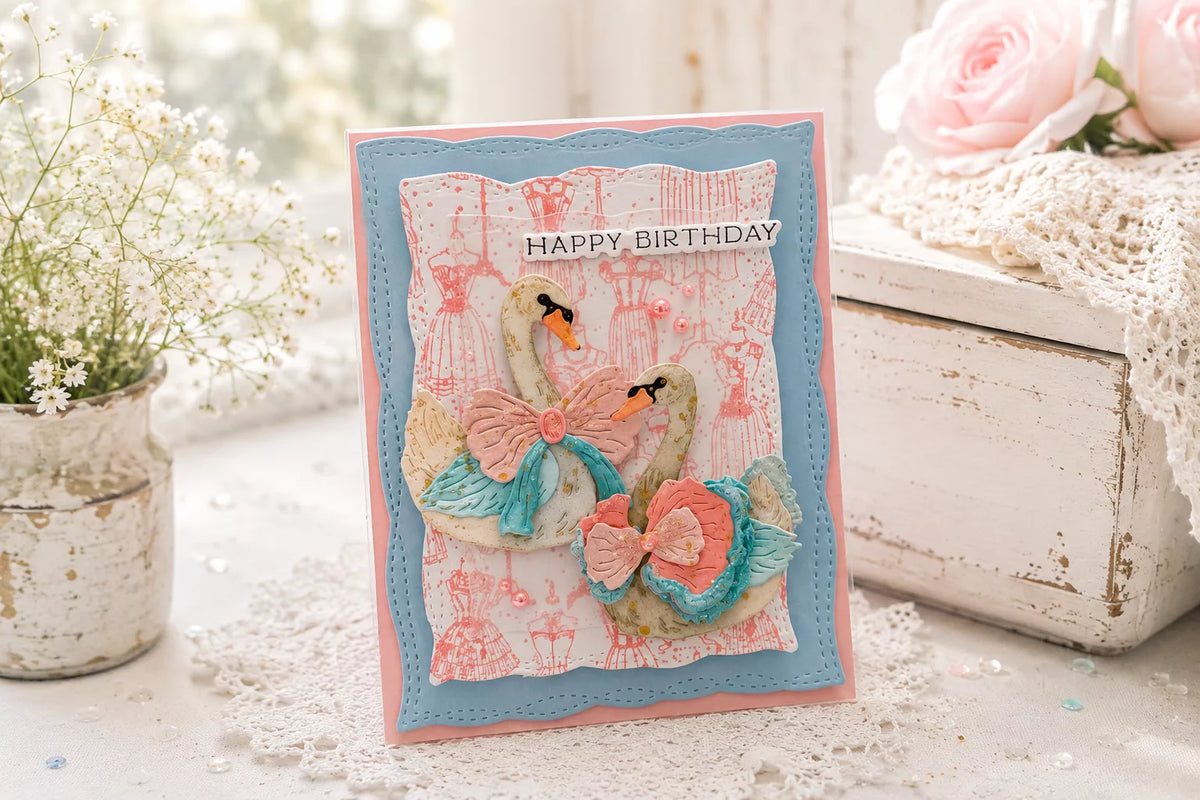 Elegant Layered Swan Card with BetterPress Details | Buttons & Bows Collection