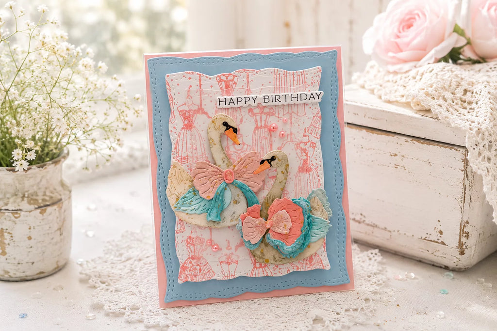 Elegant Layered Swan Card with BetterPress Details | Buttons & Bows Collection